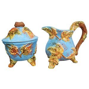 Vintage WCL Autumn Leaves 3D Sugar & Creamer Ceramic Footed Pottery Glazed Blue
